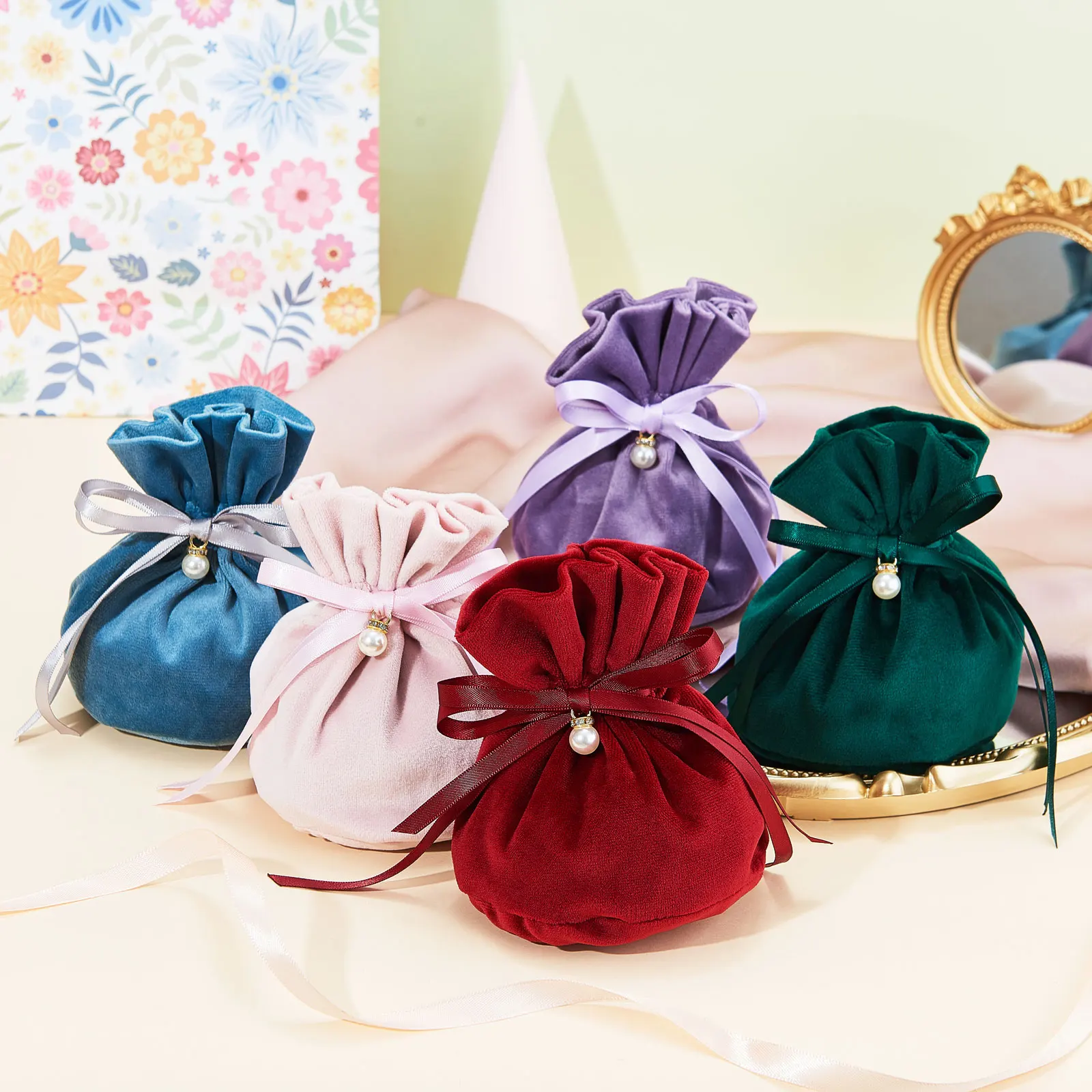 10Pcs Velvet Package Bags Drawstring Gift Bags Wedding Jewelry Packaging Pouches With Plastic Imitation Pearl