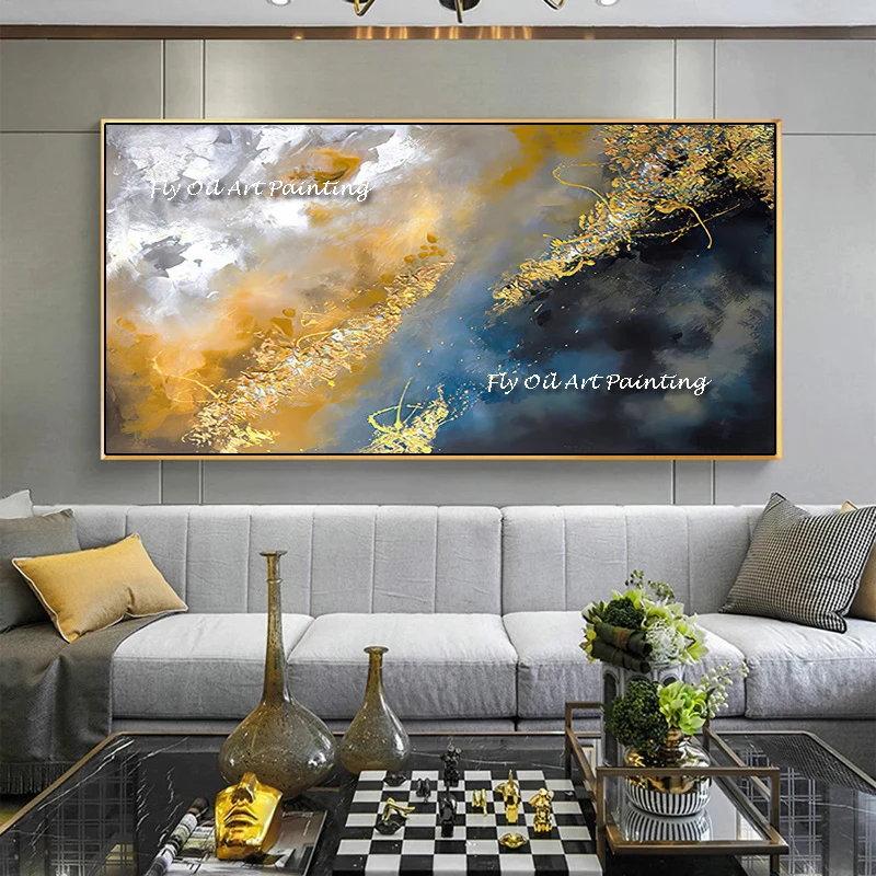 100% Handmade Abstract Gold Foil Leaves Painting Picture Wall Modern Style Canvas  Golden Painting Art Living Room Unique Decor