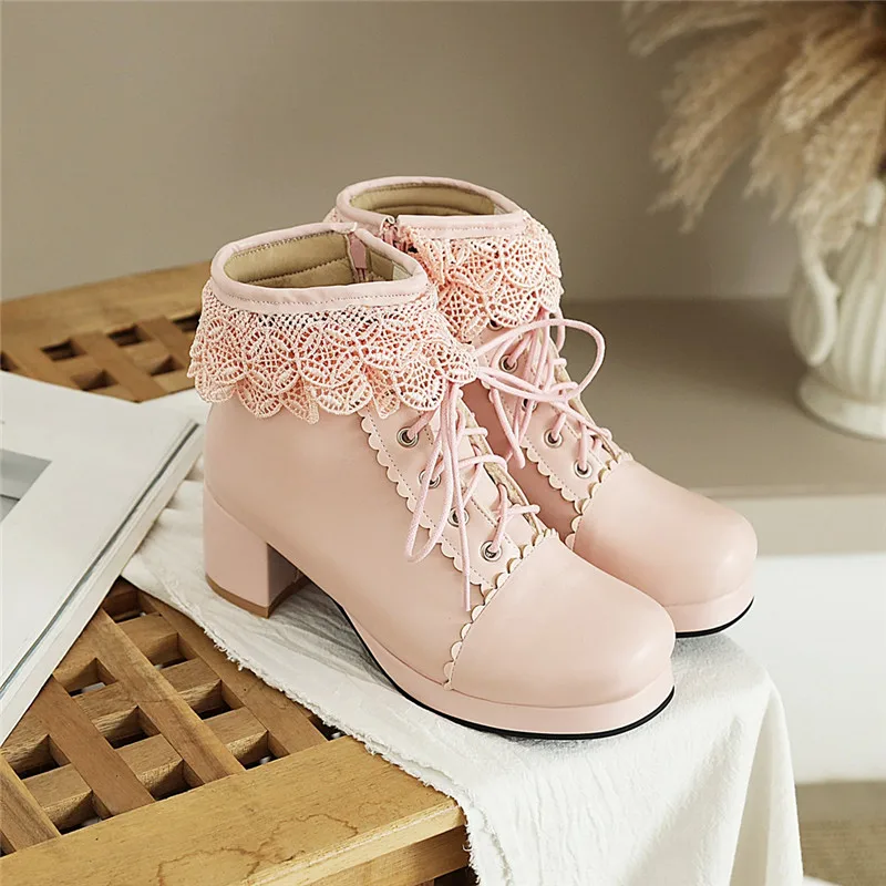 YQBTDL Pink White Black Chunky High Heel Lolita Shoes Butterfly-knot Faux Fur Tassel Womens Cosplay Princess Ankle Boots Winter