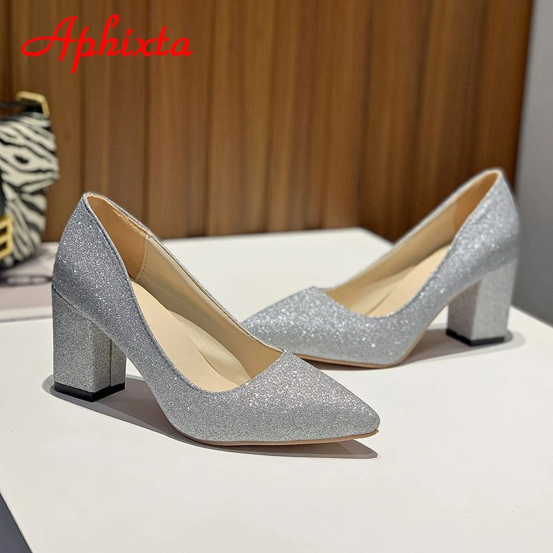 Aphixta Pointed Toe Shoes Women Pumps 7.5cm Career Square Heels Bling Fashion Work Office Party Shoes Super Big Size 49 50