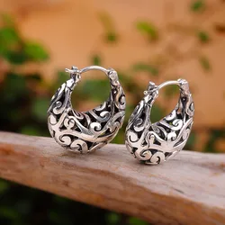 Uglyless Like a Lady's Tote Bag Handbag Ear Hoops for Women Thai Silver Vines Flowers Hollow Jewelry 925 Silver Ethnic Earrings