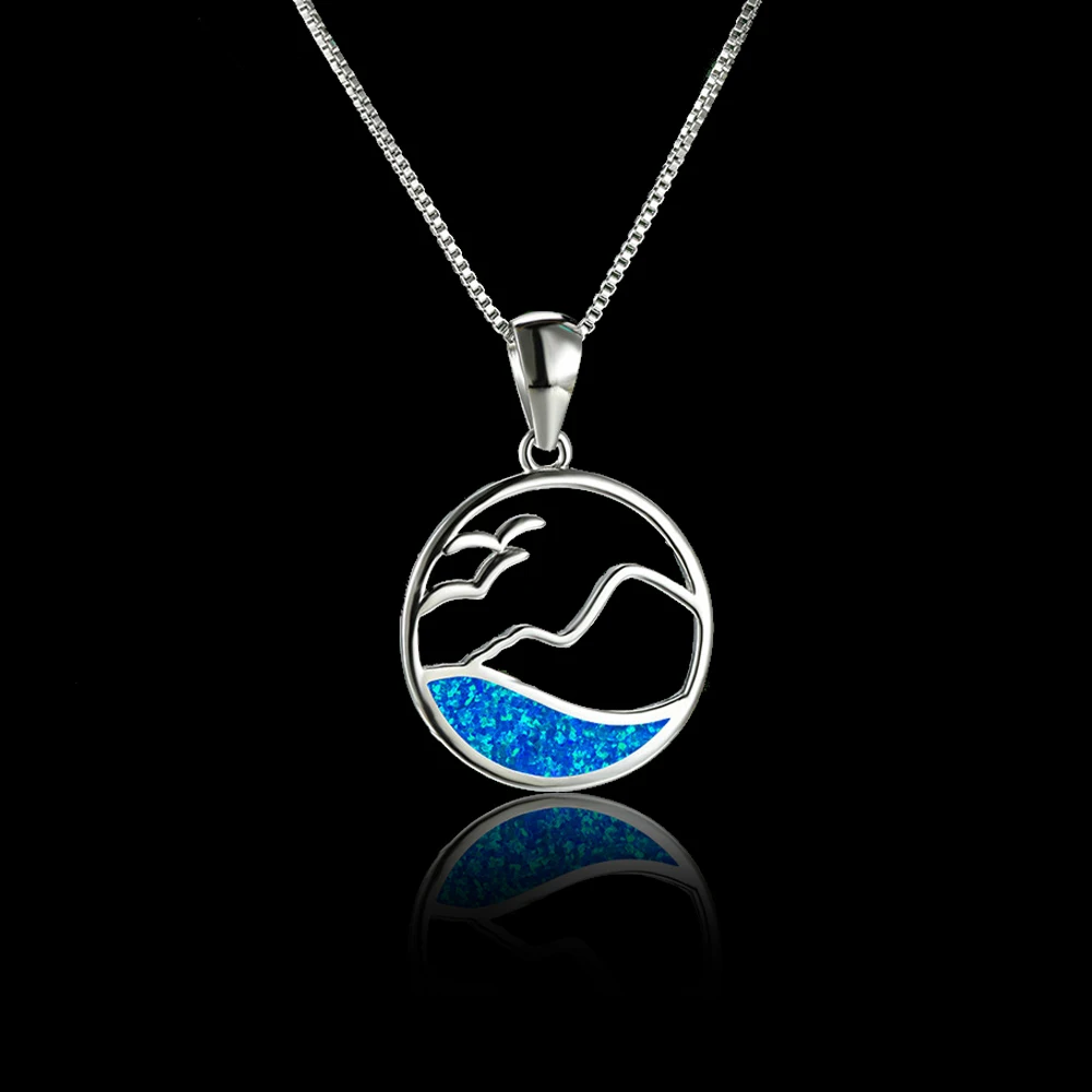 

Fashion Round Cutout Wave Pendant Necklace Silver Ladies Blue Fire Opal Wedding Necklace Girls Party Jewelry Gifts
