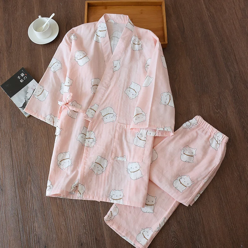 

Spring new women's Japanese money cat kimono pyjamas set cotton gauze home clothes bath sweat steaming clothing