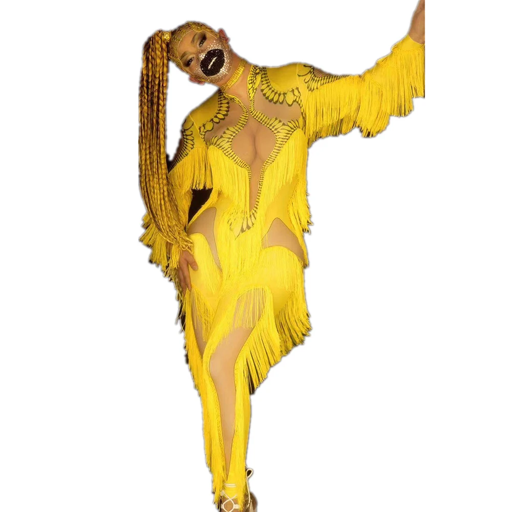 Long Sleeve Hollow Out Yellow Print Women Tassel Jumpsuits Tight Stretch Drag Queen Outfit Performance Costume Ladies Nightclub