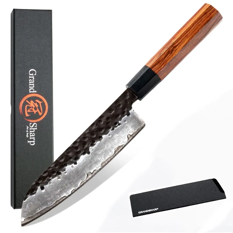 

Santoku Knife 7‘’ Handmade Kitchen Knives Japanese 3 Layers AUS10 High Carbon Steel Chef's Cooking Tools Sushi Knife GRANDSHARP