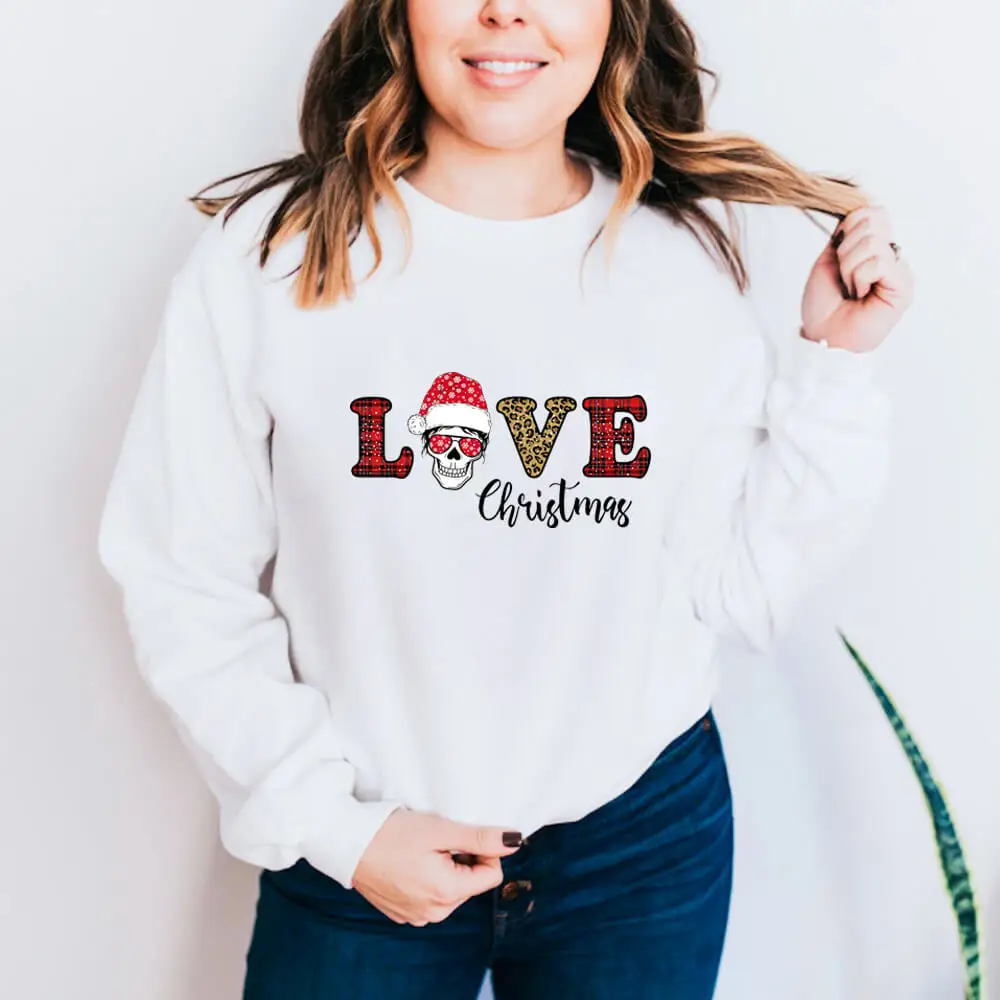 

Love Mom Skull Colored Printed Christmas Sweatshirts Autumn Winter Holiday 100%Cotton O-Neck Long Sleeve Tops Gift for Mom