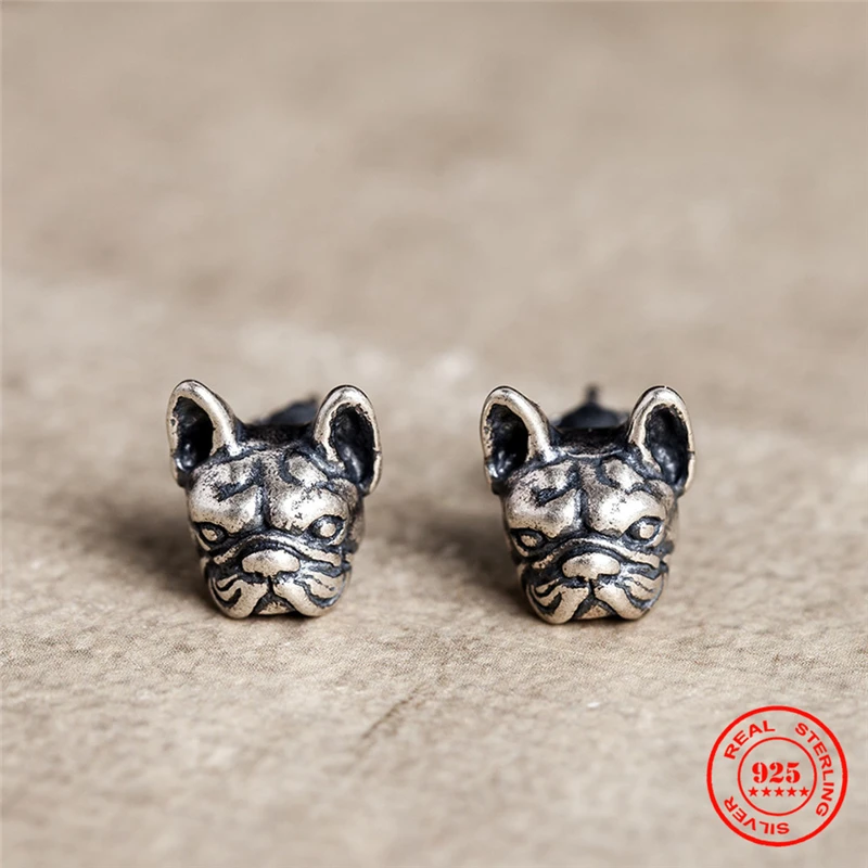 MKENDN Punk Vintage 925 Sterling silver Cartoon Animal Bulldog Stud Earrings Jewelry Hypoallergenic Cute Puppy Earrings