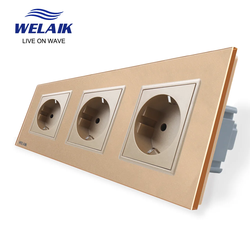 WELAIK 3Frame EU Wall Socket 220V 16A Russia Germany European Standard  Tempered Glass Panel Safety Wall Power Socket  A38E8E8EW