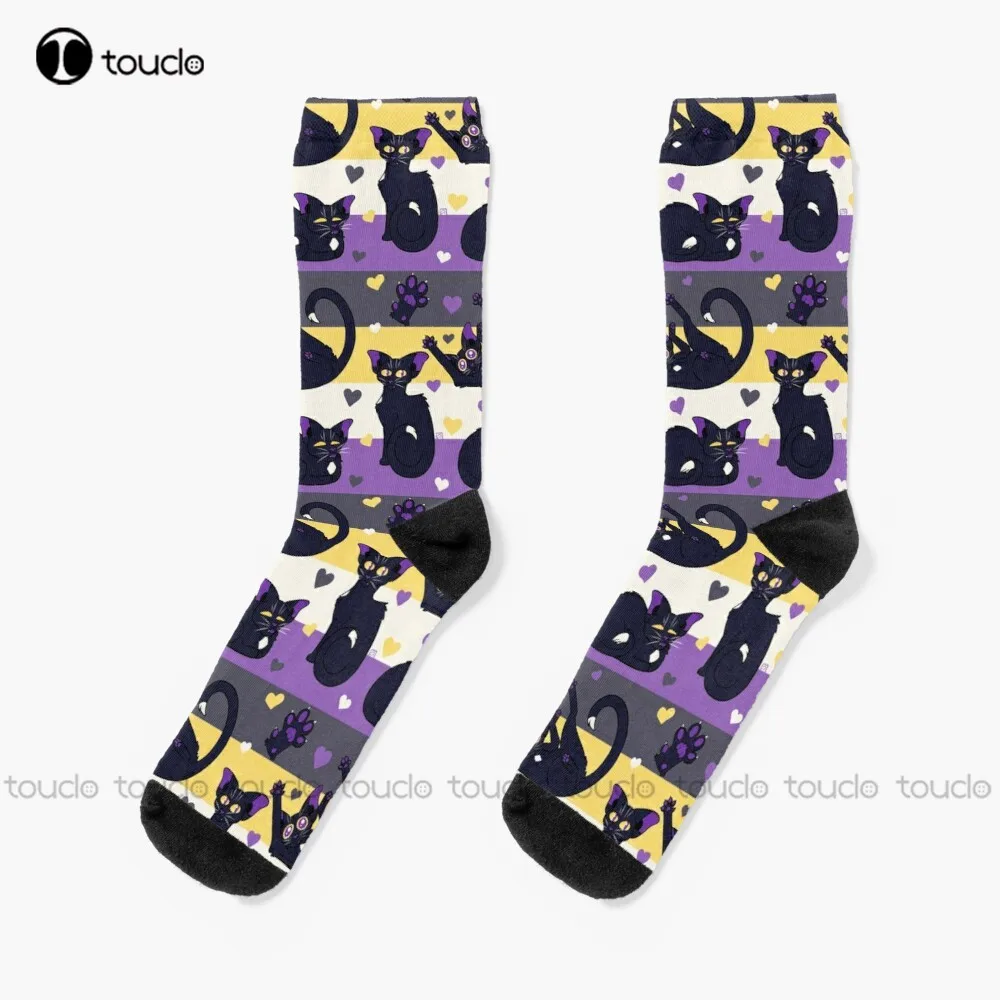 Queer Kitties - Non Binary Socks Yellow Socks Christmas New Year Thanksgiving Day Gift Unisex Adult Teen Youth Socks Custom Sock