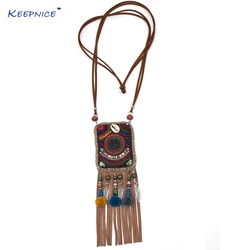 Handmade Ethnic Bohemia Beads Chain Leather Tassel Pendent Necklce Long Fringe Tassel Pompous bag Pendant Necklaces