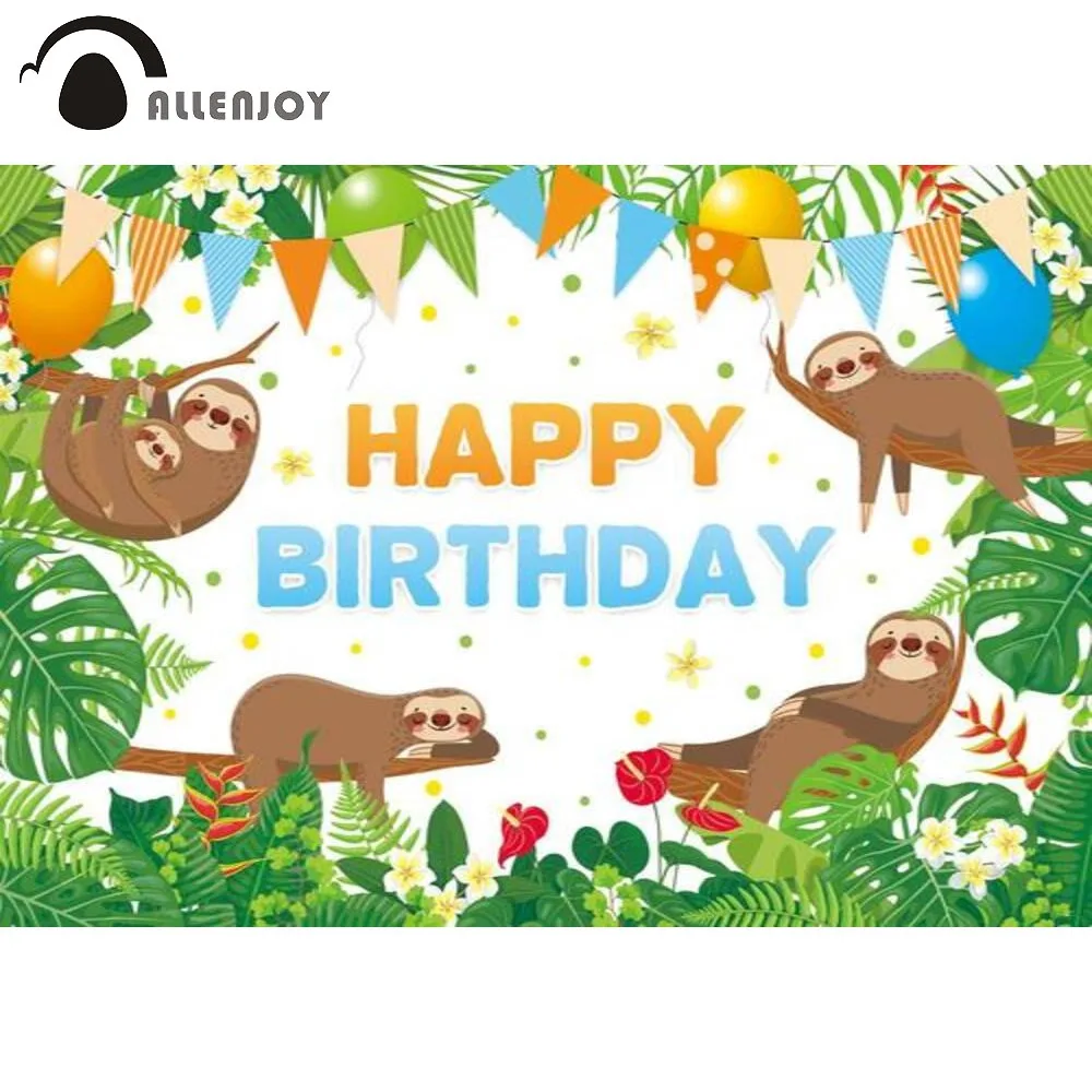 Allenjoy Sloth Happy Birthday Photography Backdrop Children Baby Shower Let's Hang Out Zoo Party Tropical Leaves Decor Banners