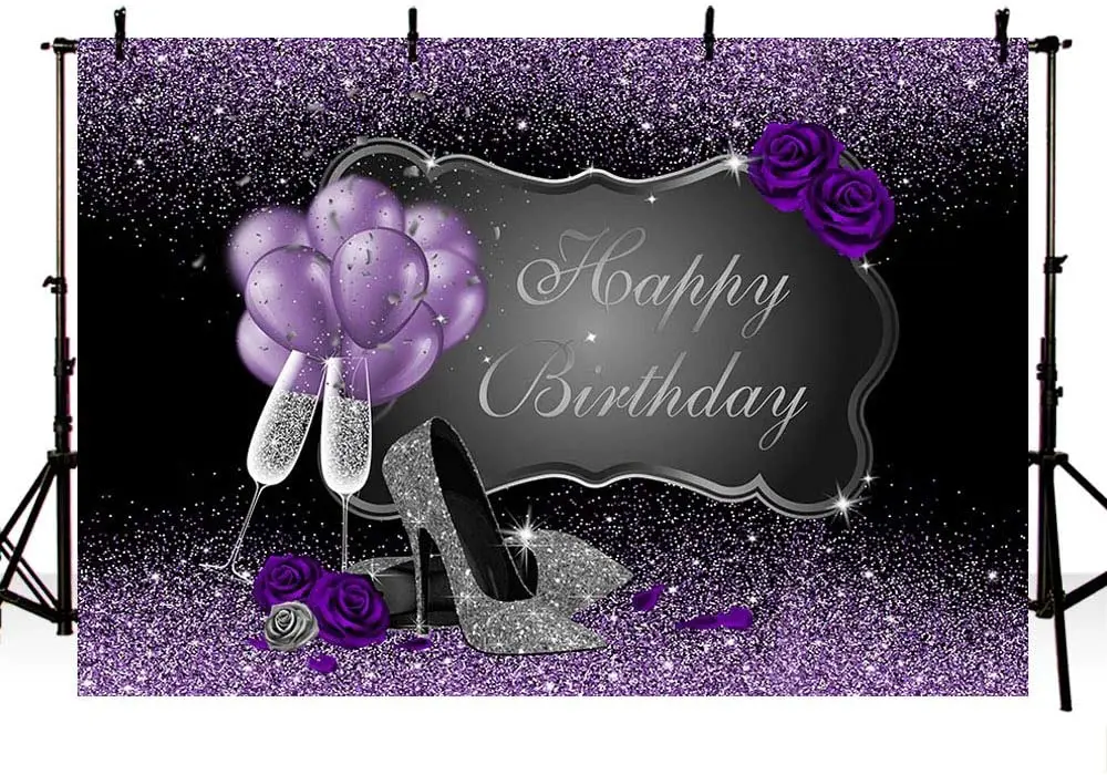 Purple and Silver Photo Background Props Silver High Heels Champagne Balloons Purple Rose Adult Woman Happy Birthday Party Decor