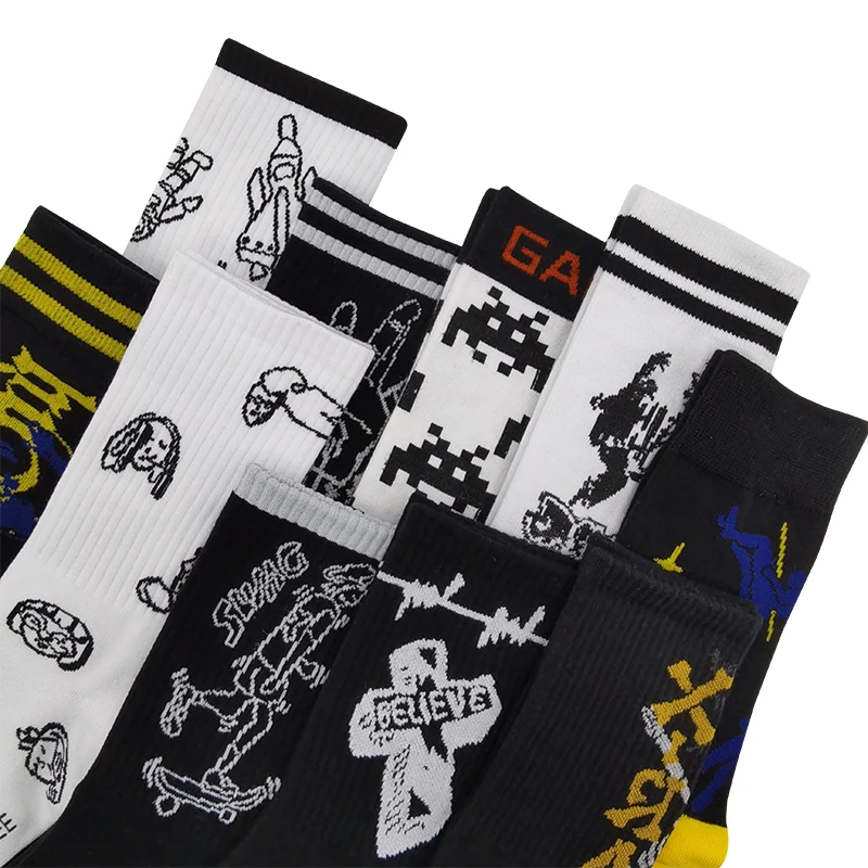 10 Pairs/Pack Cotton Cartoon Pattern Hip Hop Style Breathable Mid Tube Socks Funny Street Fashion Soft Long Sock for Men Woman