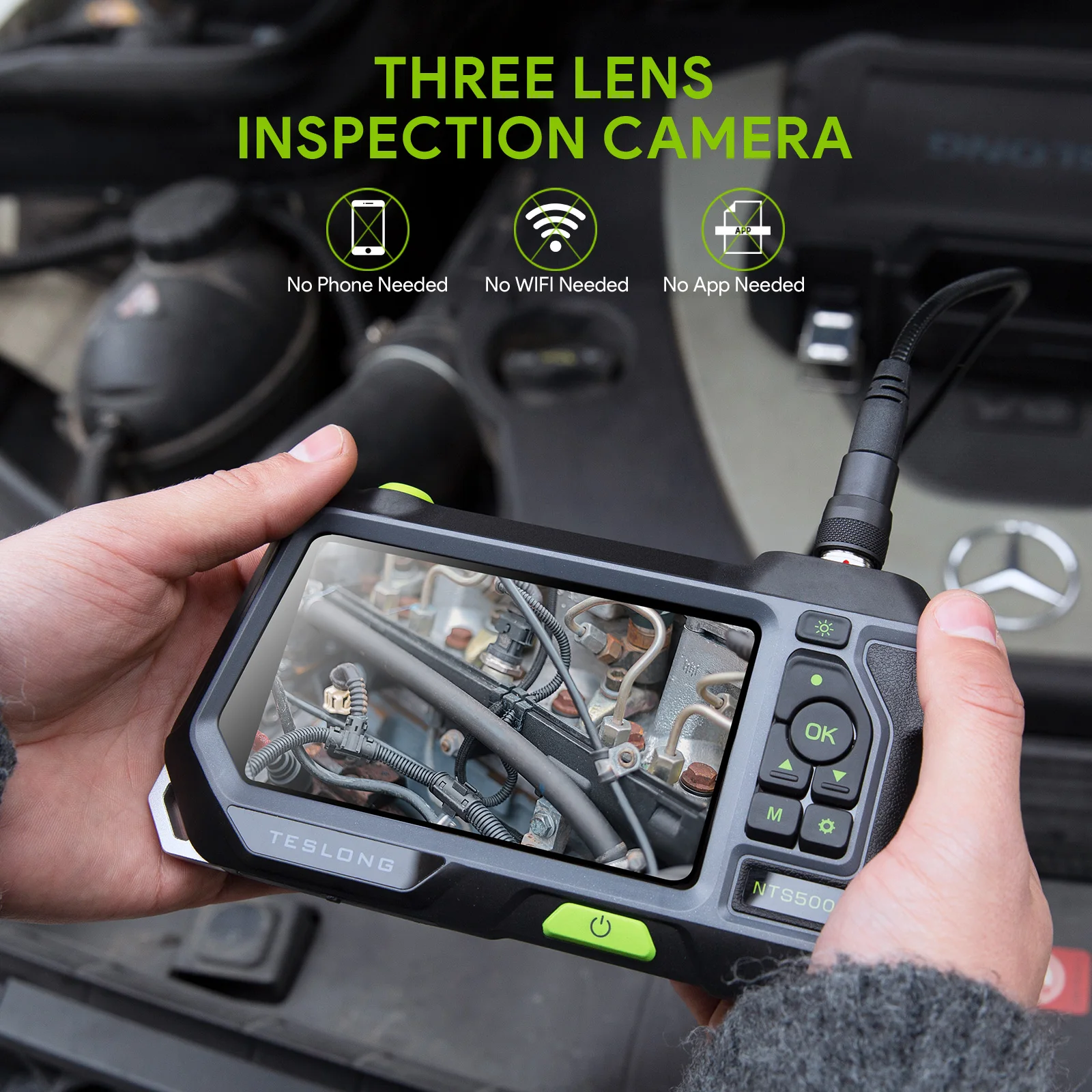 Triple Camera Endoscope, Teslong NTS500 5'' IPS Inspection Camera with Front, Side & Short-Focus Three Way Lens- for Auto HVAC