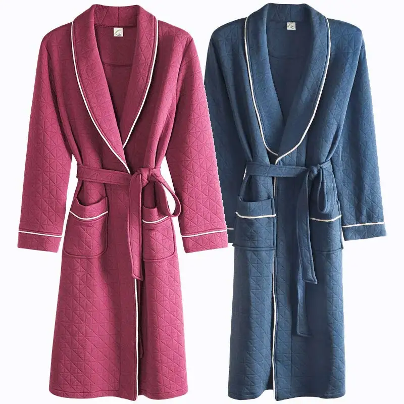 Three-Layers Cotton Couples Bathrobes Thin Quilted Robe V Neck Long Sleeve Lover Men Woman Robe Kimono Warm Male Bathrobe Coat