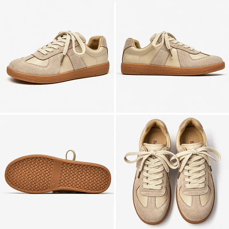 BeauToday Suede Sneakers kobiety syntetyczna skóra okrągłe Toe tenisówki na co dzień zasznurować damskie, patchworkowe buty płaskie Handmade 29801