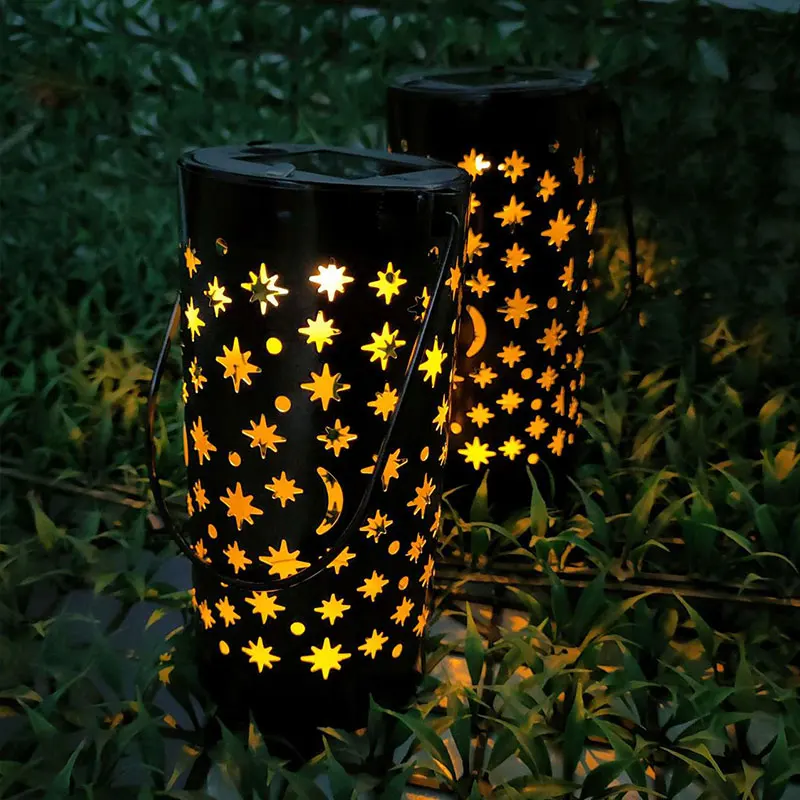 

Wrought Iron Lantern Hollow Solar Lawn LED Lamp Star Moon Light Outdoor Garden Flame Ground Plug Lamp For Grassland Pool Path