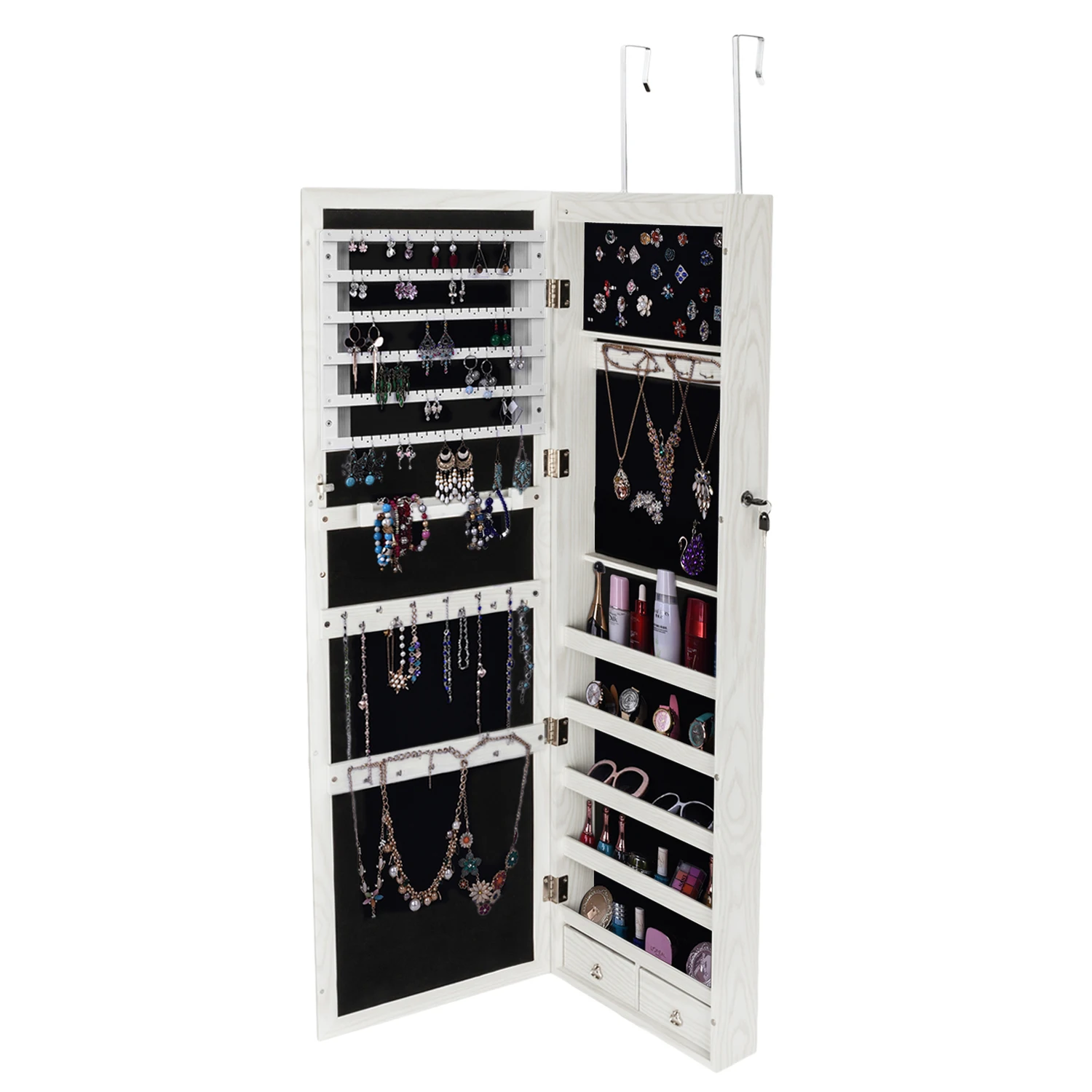 Retro PVC Wood Grain Coating Whole Body Mirror Jewelry Storage Dressing Mirror Full Body Jewelry Cabinet with LED Light