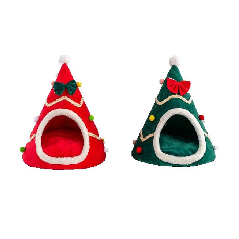 

Winter Christmas Hat Tree Dog Kennel Warm Pet Supplies Sponge Shelter Creative Pet Santa Hat Shape Cats DogsTent