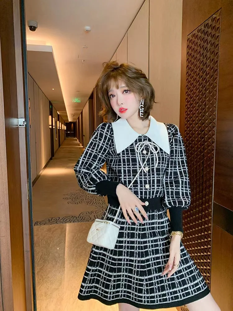 2022 spring Women's suit two piece set women skirt Lapel bow checkered knitted top + high waist thin A-line skirt suit female 2