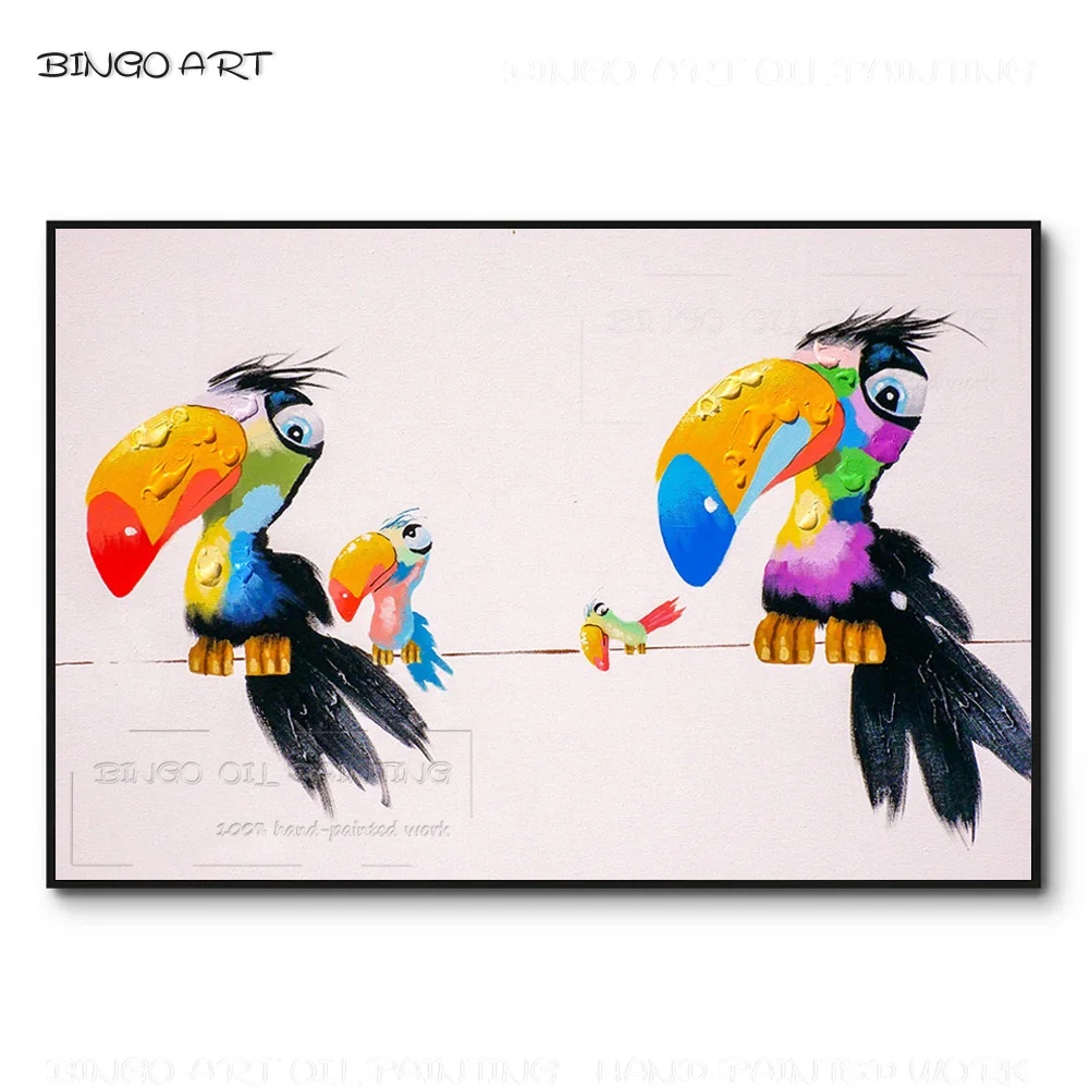 Cheapest Price Hand-painted High Quality Funny Birds Toucan Oil Painting on Canvas Funny Animals Family 4 Toucans Oil Painting