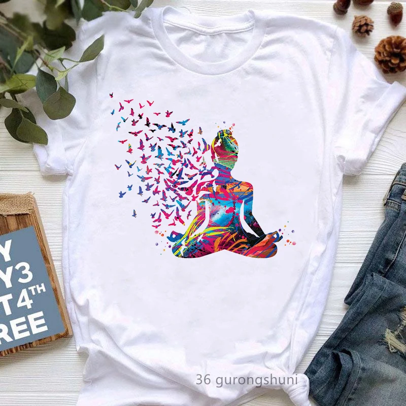 

2024 Hot Sale Watercolor Breathe Chakra Symbols Yoga Print T-Shirt Women'S Clothing Birds Mandala Funny Tshirt Femme T Shirt