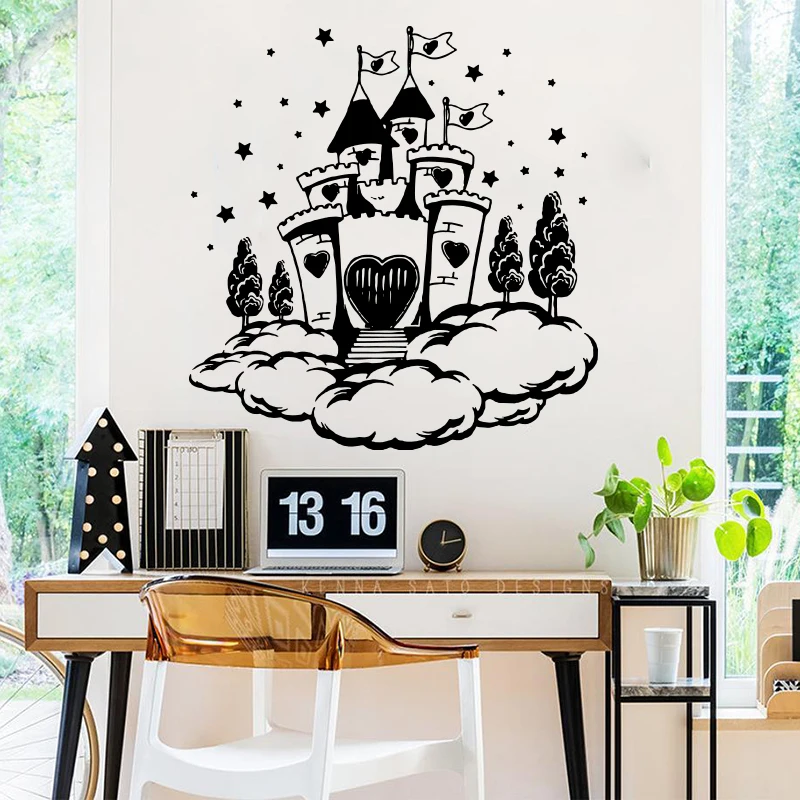 

Cartoon Princess Dream Castle Clouds Wall Sticker Kids Room Nursery Fairy Castle Wall Decal Bedroom Vinyl Home Decor