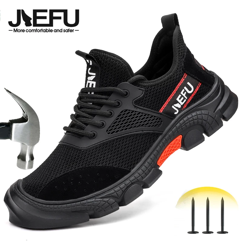 JIEFU Steel Toe Safety Shoes for Men Women Rubber Sole Non-Slip Work Sneakers Durable Construction Footwear