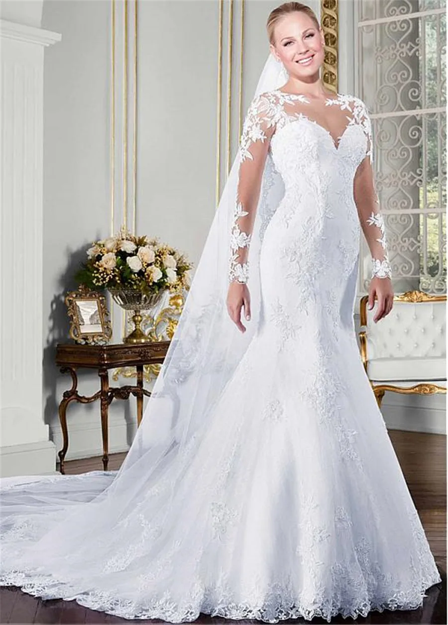 Modest Tulle High Collar Mermaid Wedding Dress With Lace Appliques & Beadings Long Sleeves Bridal Gowns Illusion Back