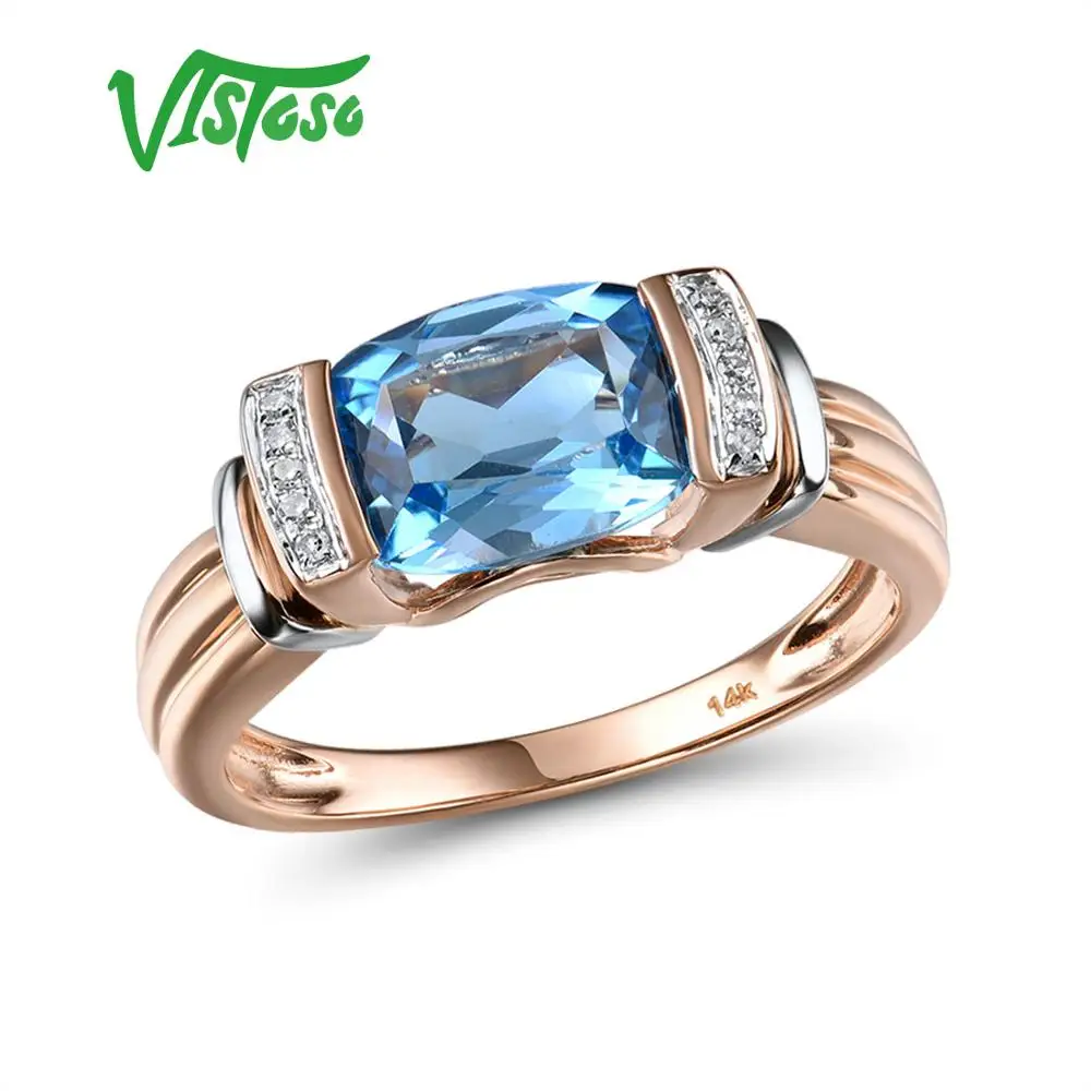 VISTOSO Gold Rings For Women Genuine 14K 585 Two Tone Gold Rings Sparkling Diamond Blue Topaz Wedding Anniversary Fine Jewelry