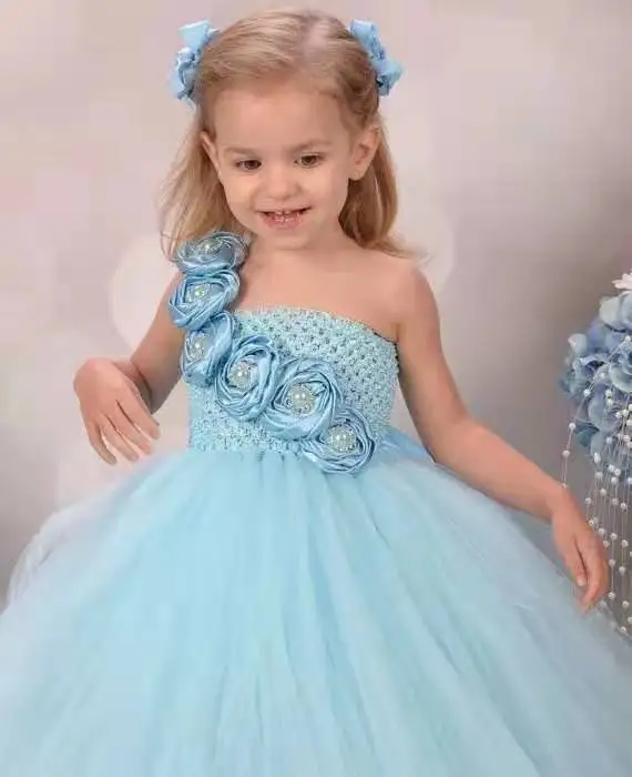 Girls Blue Rose Flower Tutu Dress Kids Crochet Tulle Dress Ball Gown Evening Banquet Dress Children Birthday Party Costume Dress