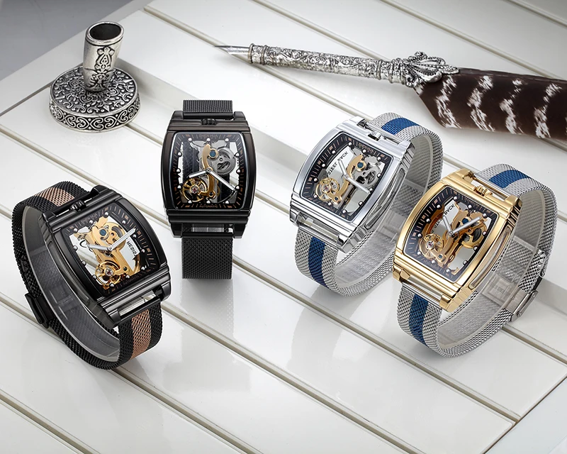SHENHUA Transparent Automatic Mechanical Watches Fashion Male Steampunk Skeleton Luxury Dial Turbillon Self-Wind Mens Watches