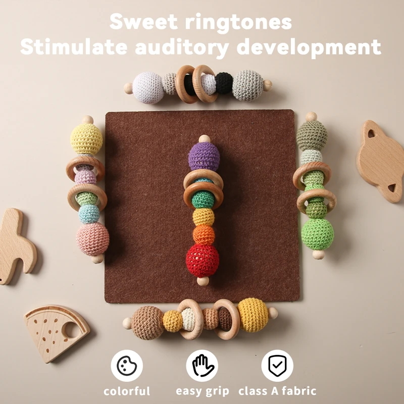 1Pc Baby Crochet Wooden Rattle Bead Wood Double Circle Rattles Crafts Wood Ring Teether Hand Bell Infant Soother Toys Birth Gift