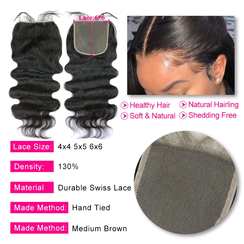 6x6 HD Lace Closure Human Hair With Baby Hair Brazilian Body Wave Virgin Human Hair 4x4 5x5 Transparent Lace Closure Fro Women