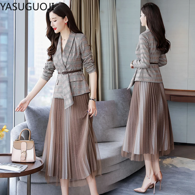 YASUGUOJI Office Lady Casual Plaid Blazer + Mesh Pleated Skirt Suit Set Women Formal Blazer Skirt Set Jacket Skirt Suits Women