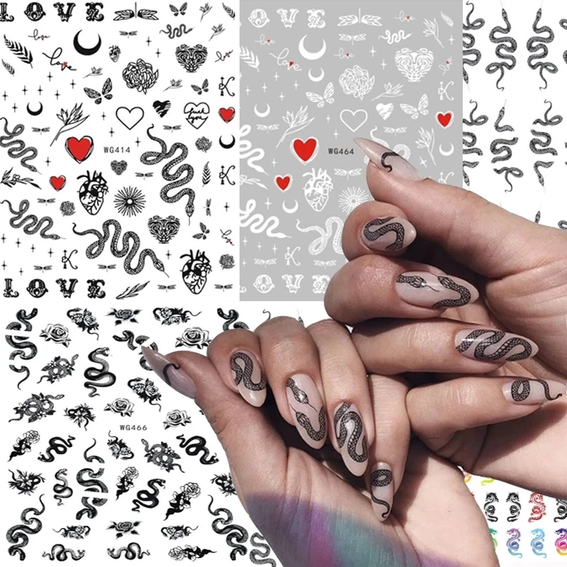 Nail Sticker Snake  Dragon Butterfly Black Multicolor Decals Nail Art Tattoo Slider Water Transfer Letter Nails Art Decoration