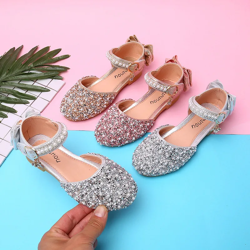 

Gold Silver Pink Rhinestone Crystal Sandal Kids Princess Shoes for Wedding Party Girl Dance Performance Single Shoes Children