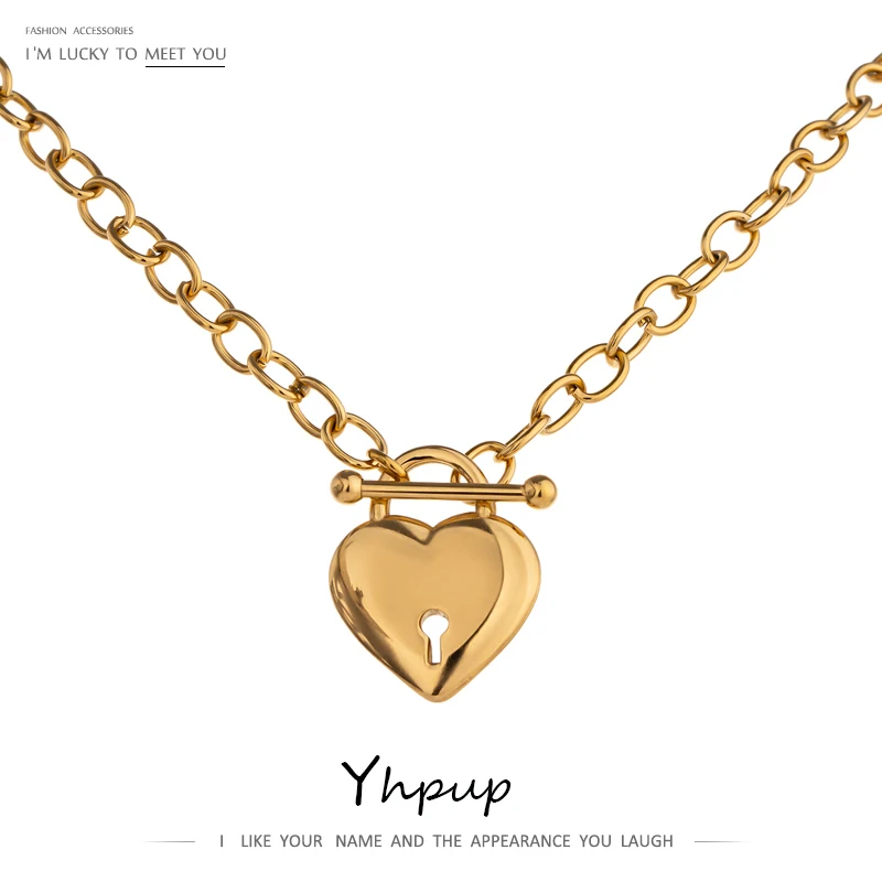 Yhpup Romantic Heart Lock Pendant Stainless Steel Necklace for Women Temperament Metal Texture 18 K Plated Choker Charm Jewelry