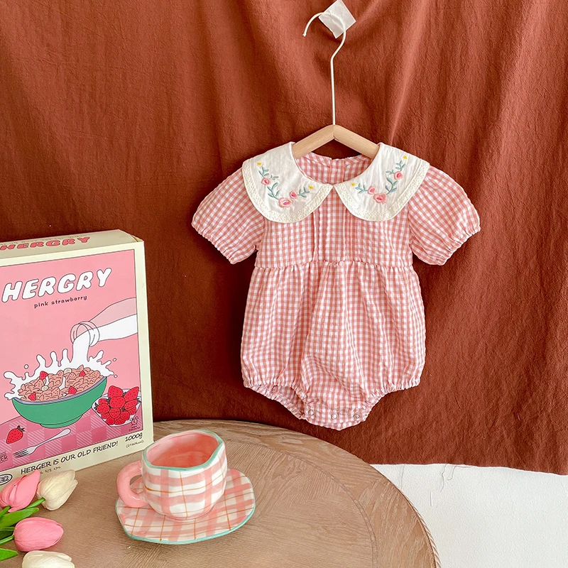 Kleinkind Baby Mädchen Grid Stickerei Kleider Sommer Mädchen Baby Romper Kleinkinder Baumwolle Kurzarm einteiliges Strampler – Detail 4
