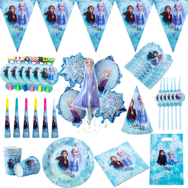 New Frozen 2 Theme Elsa Anna Birthday Party Decorations Disposable Tableware Snow Queen Paper Cup Plate Party Supplies Balloons