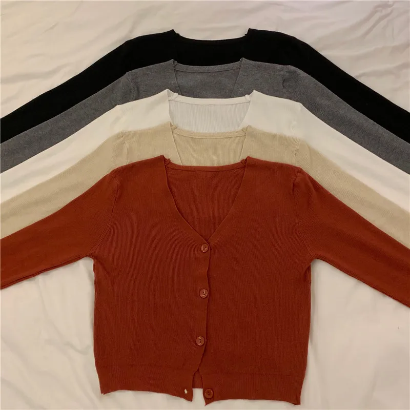 Women Long Sleeve Sunscreen Cardigan Knitted V-Neck Sweater Korean Style Solid Color Cardigans Jacket Tops All Season