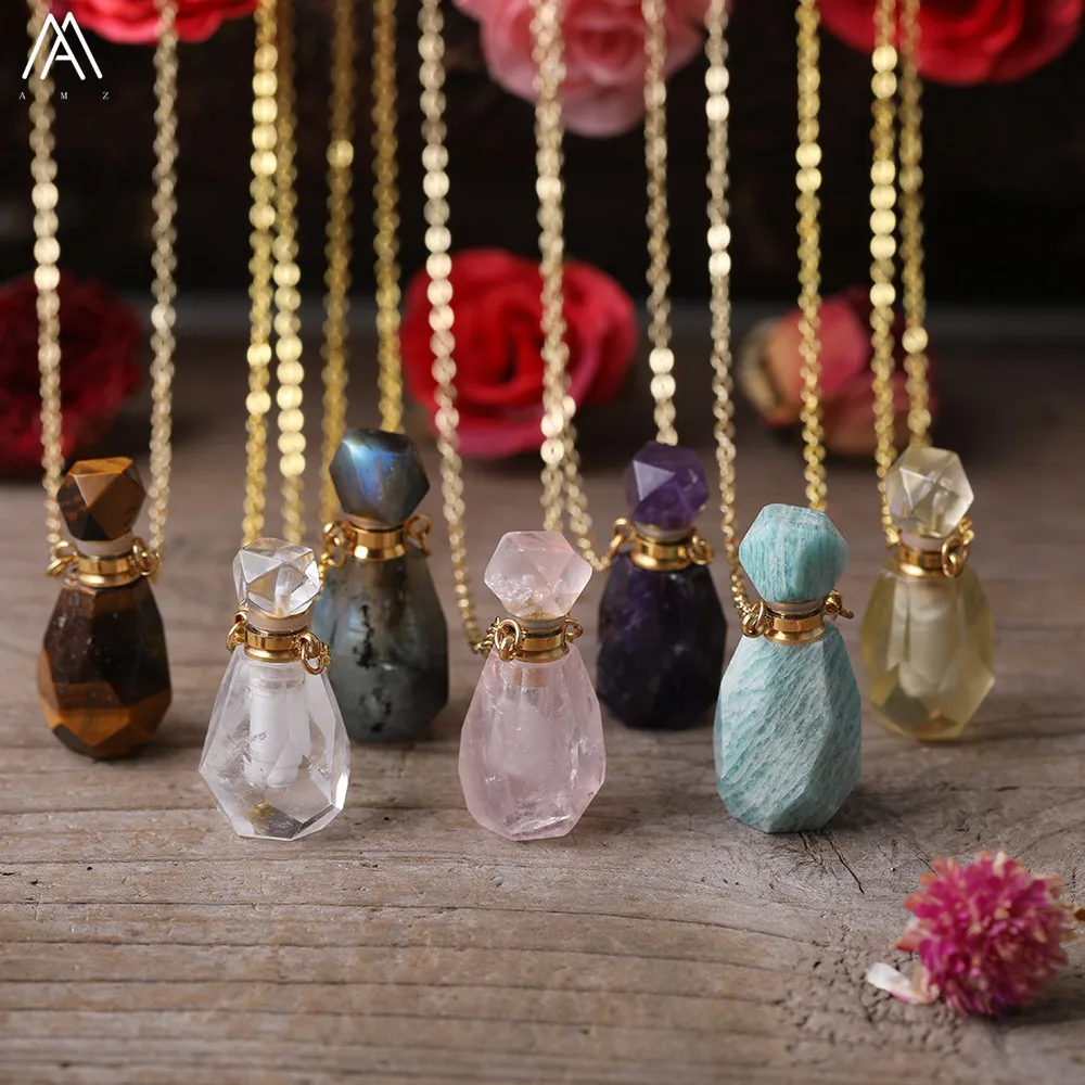 Натуральный розовый аметистами кварцевые Лабрадорит каменная подвеска в виде бутылочки парфюма женские туфли с украшением в виде кристаллов золото диффузор для эфирных масел, ожерелье из натуральных камней