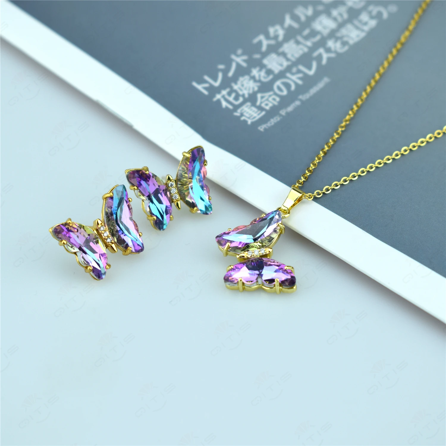 Ladies Glass Crystal Butterfly Necklace Earrings Jewelry Set Copper Zircon Plated Golden Color Preserving Jewelry Gift