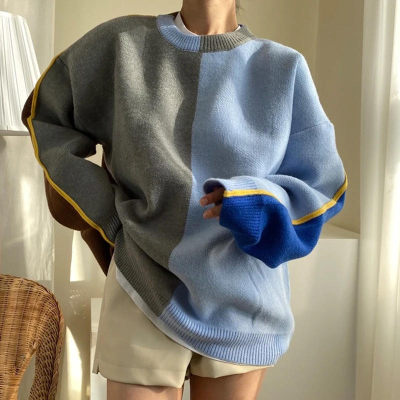 

2022 New Chic Blue Geometric Panelled Loose Casual Pullovers Autumn Winter All-match O-neck Sweaters Korean Style Knitted Women