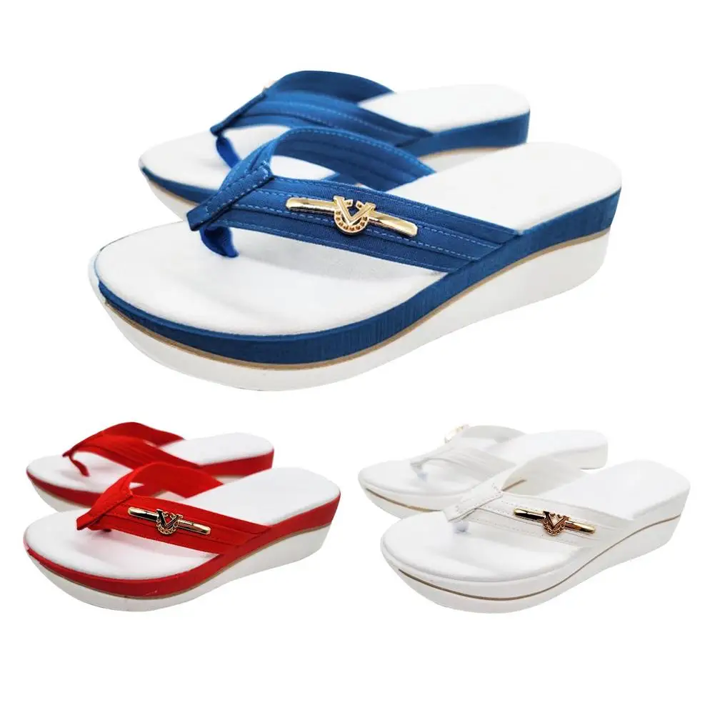 

Thick bottom Flip Flops woman slippers metal buckle decor Slope heel Beach shoes mixed color Sandals Summer lady slippers