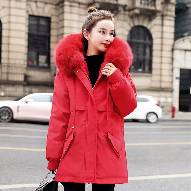 

Plus Size Woman's Winter Hooded Jacket Female Solid Fur Collar Casual Coat Thick Warm Wool Liner Ladies Long Parkas with Pockets