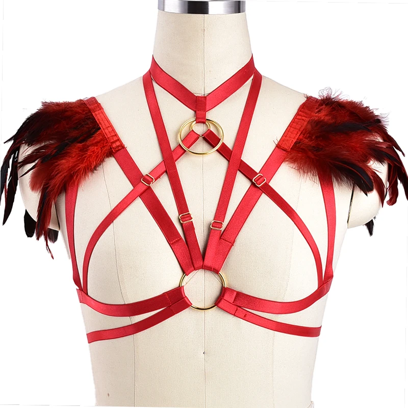 

Women Sexy Lingerie Adjust Body Harness Punk Goth Feather Bra Belts Breast Crop Top Shawl Strappy Soft Art Dance Rave Burning