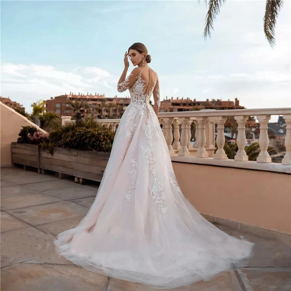 Floral Appliques Wedding Dresses Three Quarter Scoop Neck Backless A-Line Court Train Tulle Bridal Gowns Vestido De Novia 2022