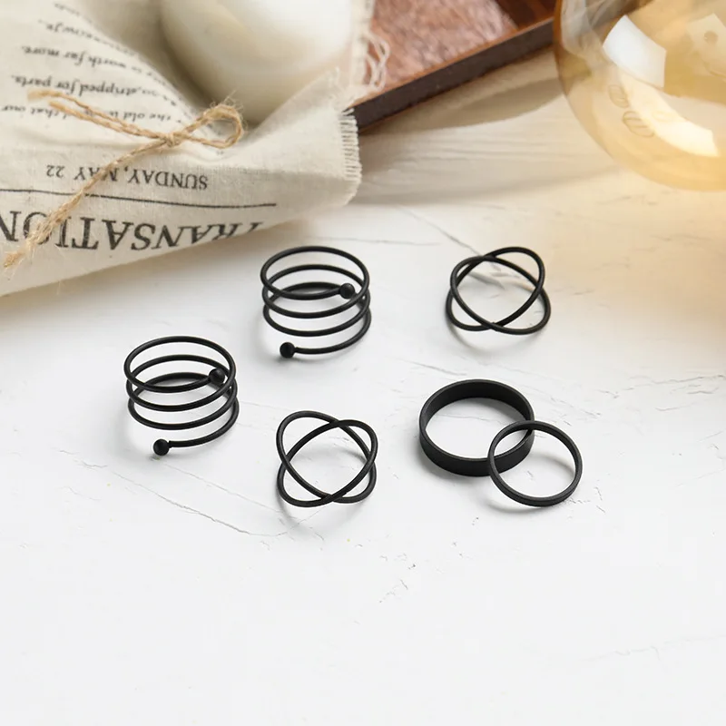 6 Pcs/set Punk Finger Rings Minimalist Smooth Gold Color/black Geometric Metal Rings for Women Girls Party Jewelry Bijoux Femme