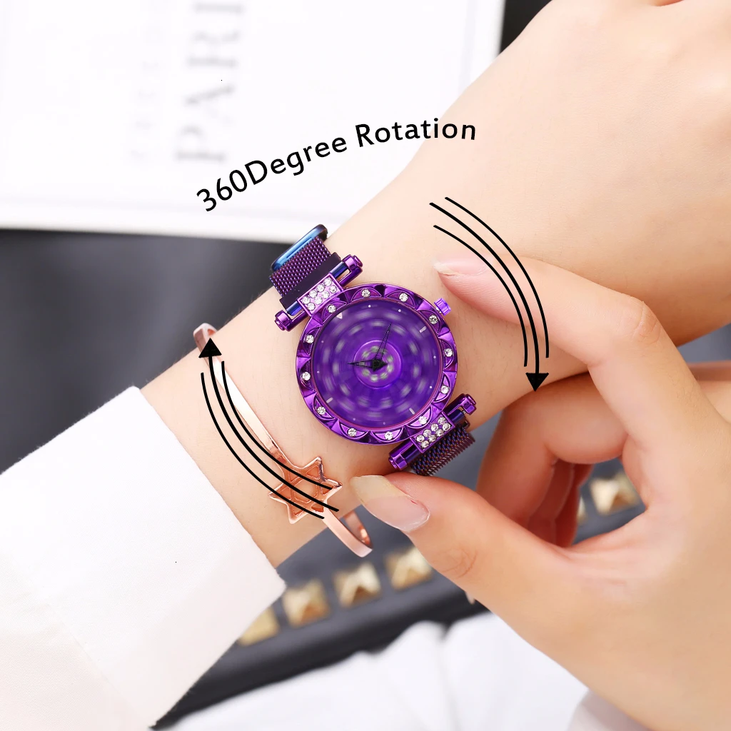 2020 Reloj Mujer Creative Whirling Women Watches Magnet Buckle Rotating DIamond Dial Quatrz Wristwatch Ladies Watches Best Gifts